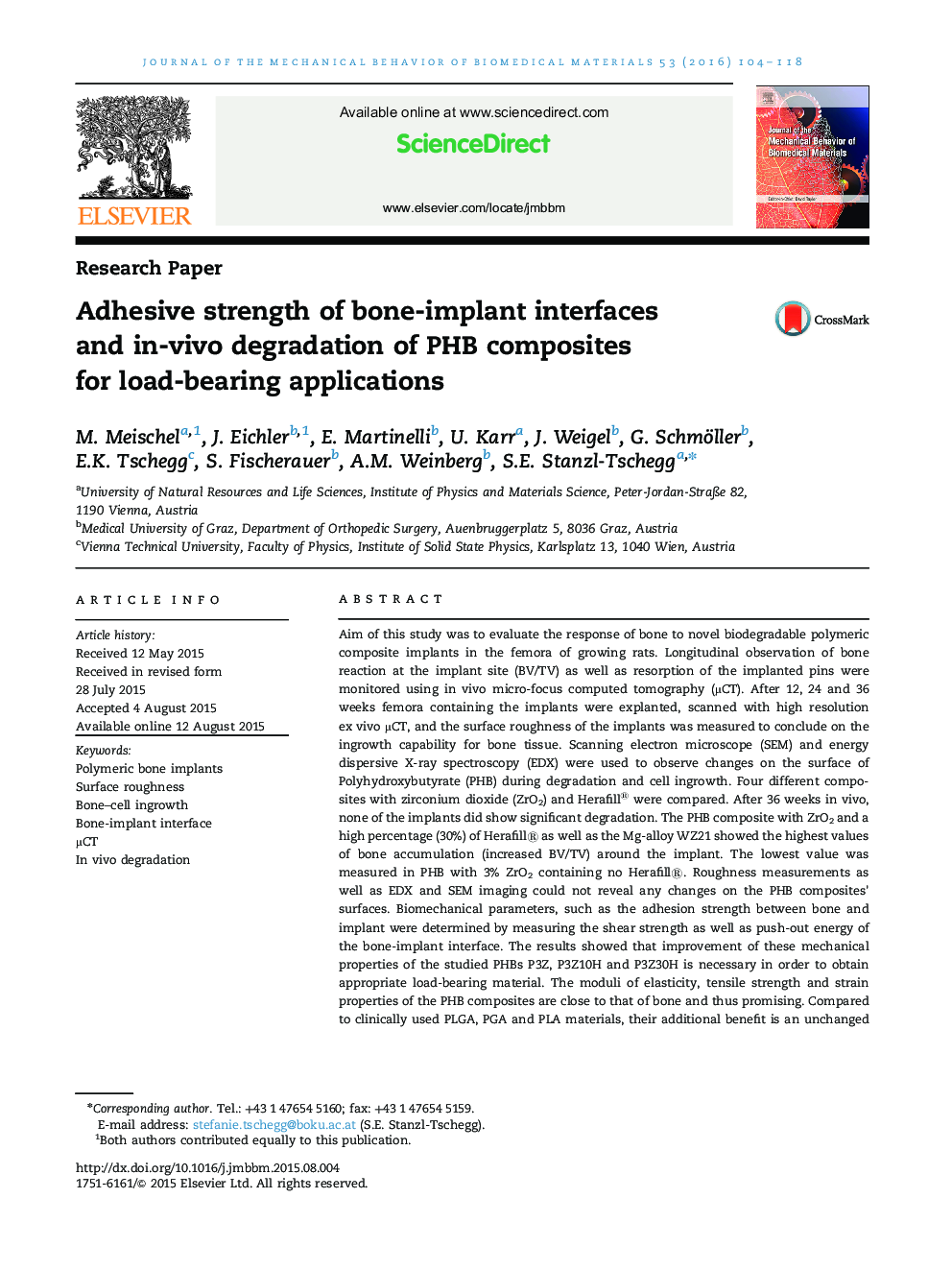 Adhesive strength of bone-implant interfaces and in-vivo degradation of PHB composites for load-bearing applications