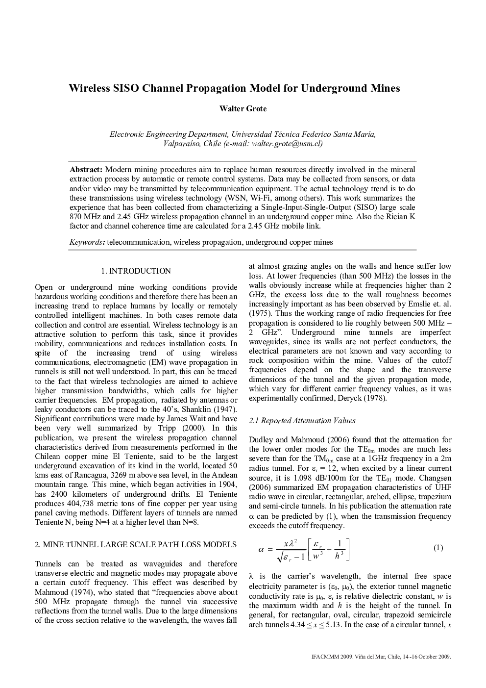 Wireless SISO Channel Propagation Model for Underground Mines