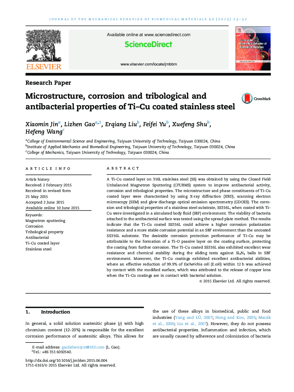 Microstructure, corrosion and tribological and antibacterial properties of Ti-Cu coated stainless steel