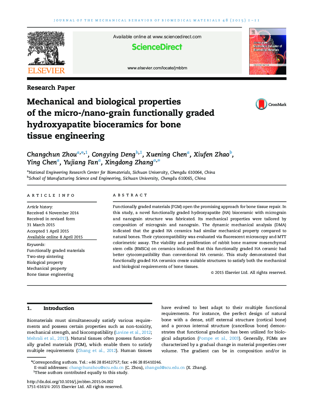 Mechanical and biological properties of the micro-/nano-grain functionally graded hydroxyapatite bioceramics for bone tissue engineering