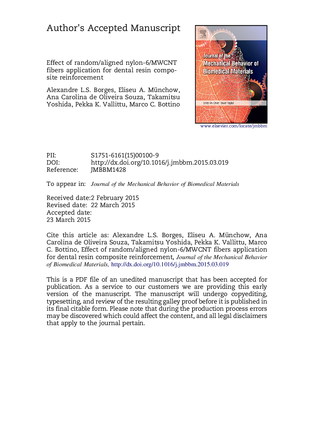 Effect of random/aligned nylon-6/MWCNT fibers on dental resin composite reinforcement