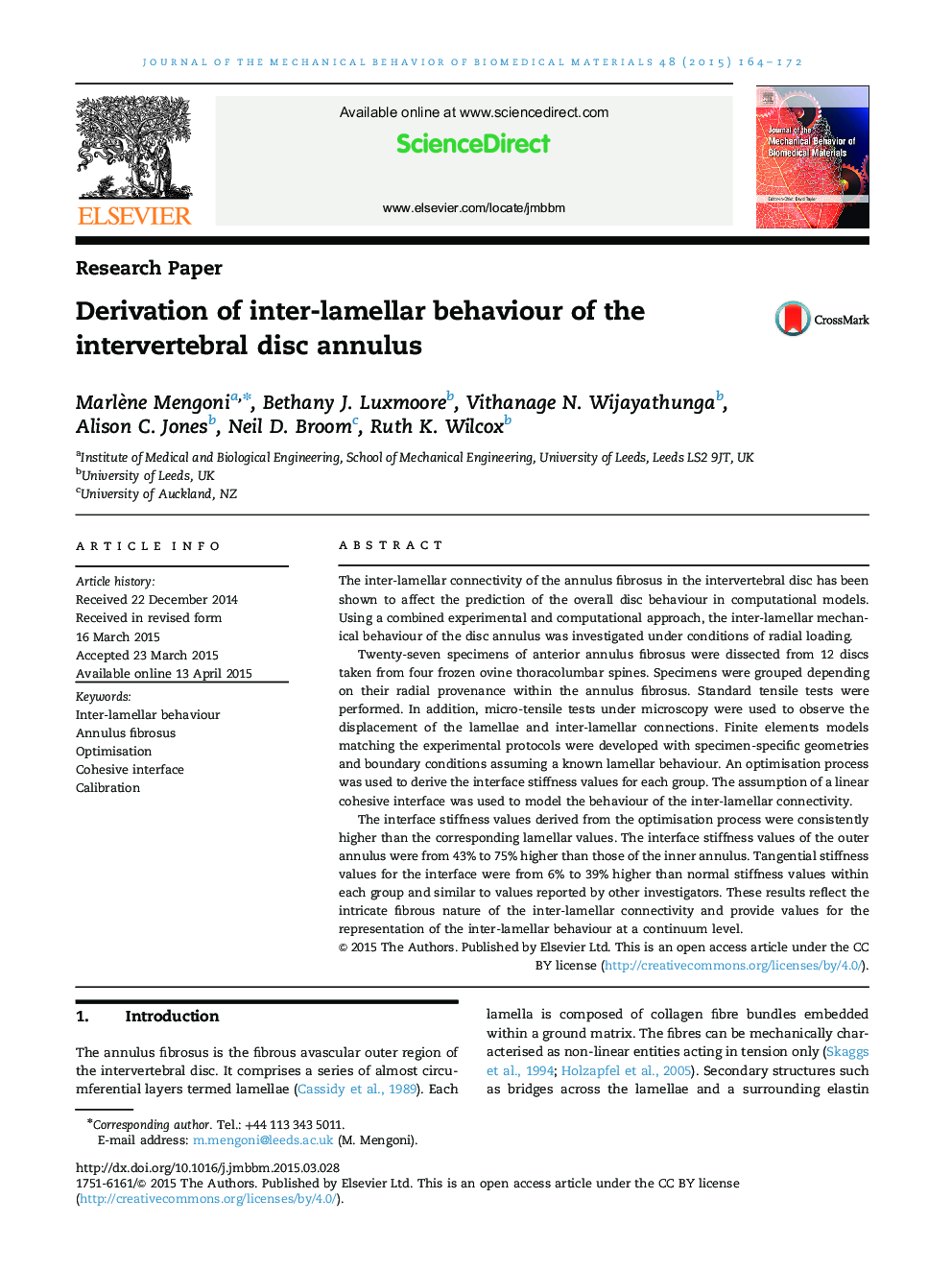 Derivation of inter-lamellar behaviour of the intervertebral disc annulus