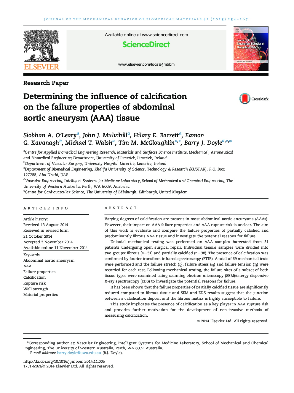 Determining the influence of calcification on the failure properties of abdominal aortic aneurysm (AAA) tissue