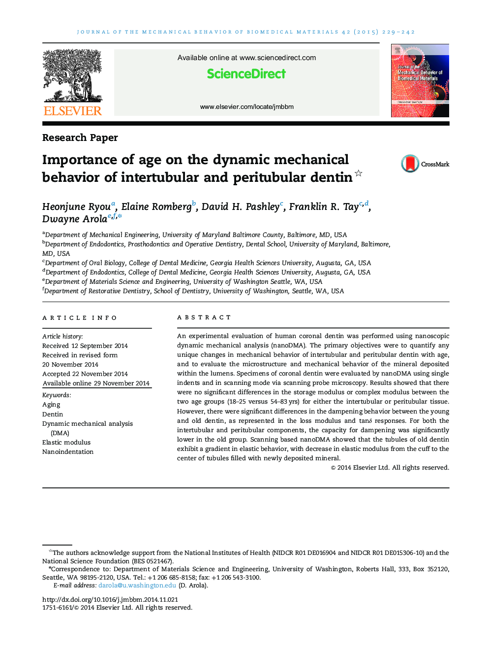 Importance of age on the dynamic mechanical behavior of intertubular and peritubular dentin