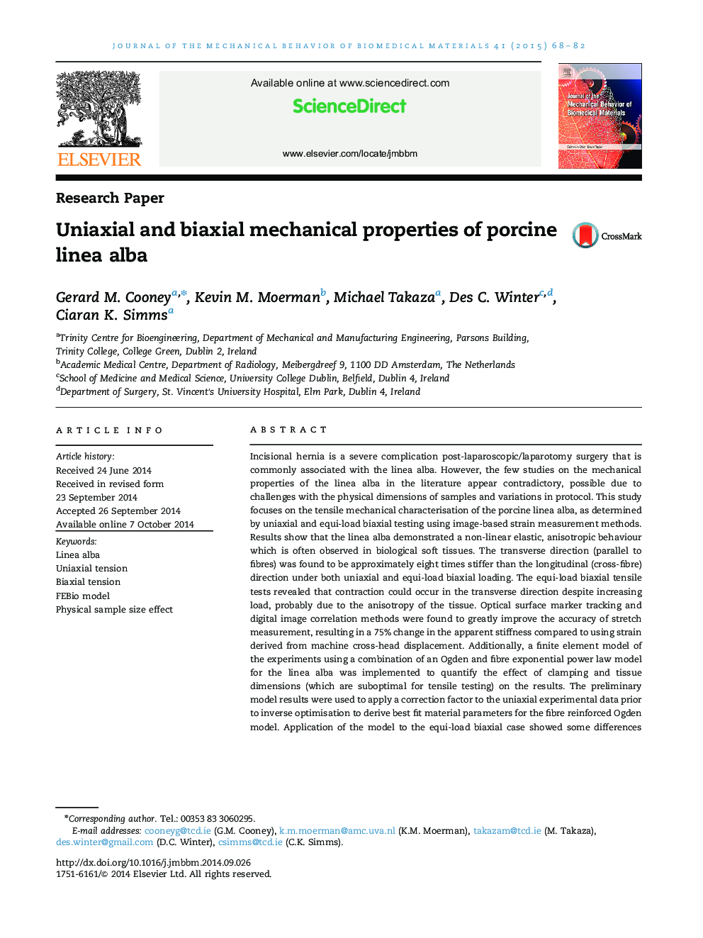 Uniaxial and biaxial mechanical properties of porcine linea alba