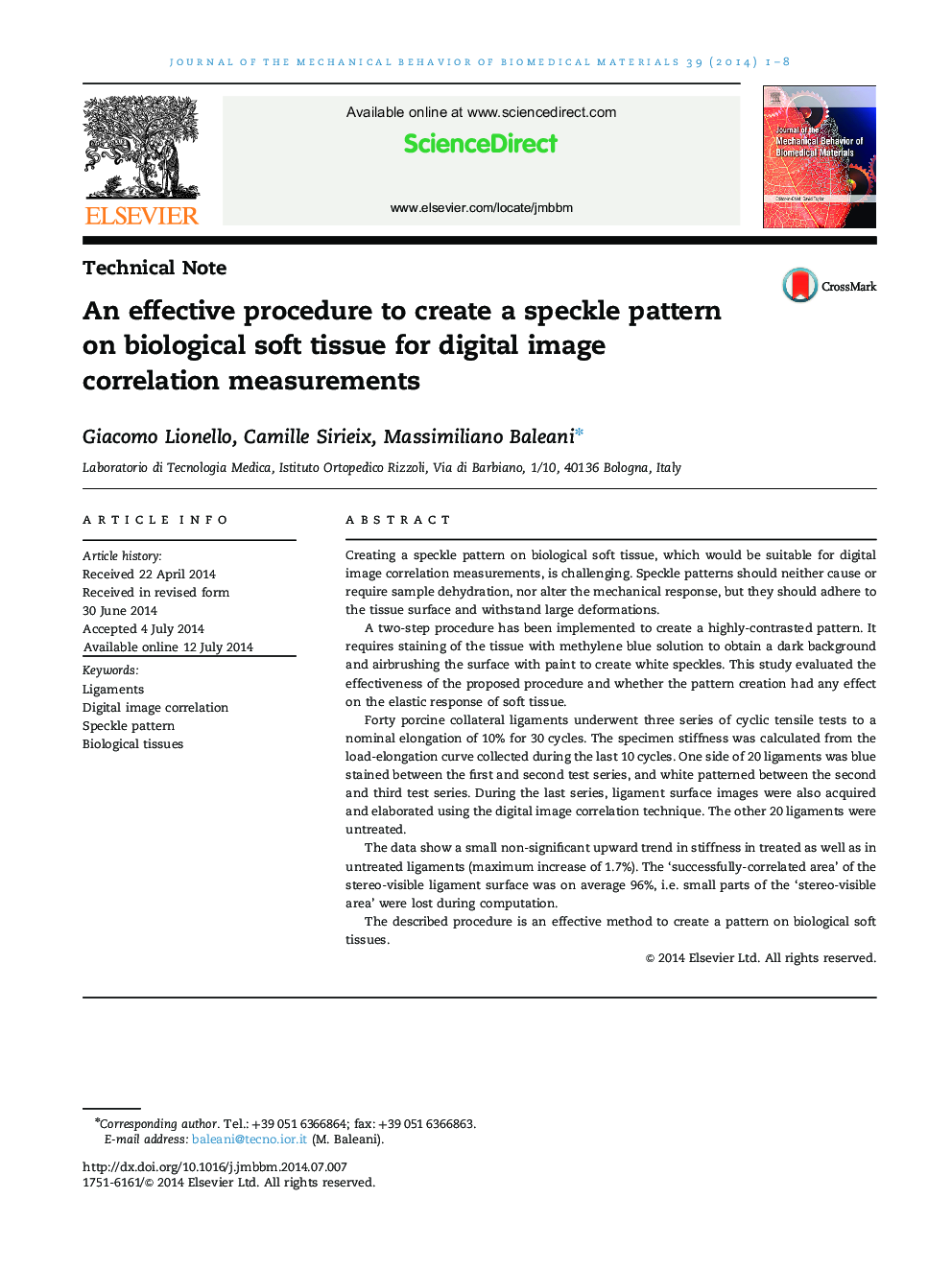 An effective procedure to create a speckle pattern on biological soft tissue for digital image correlation measurements