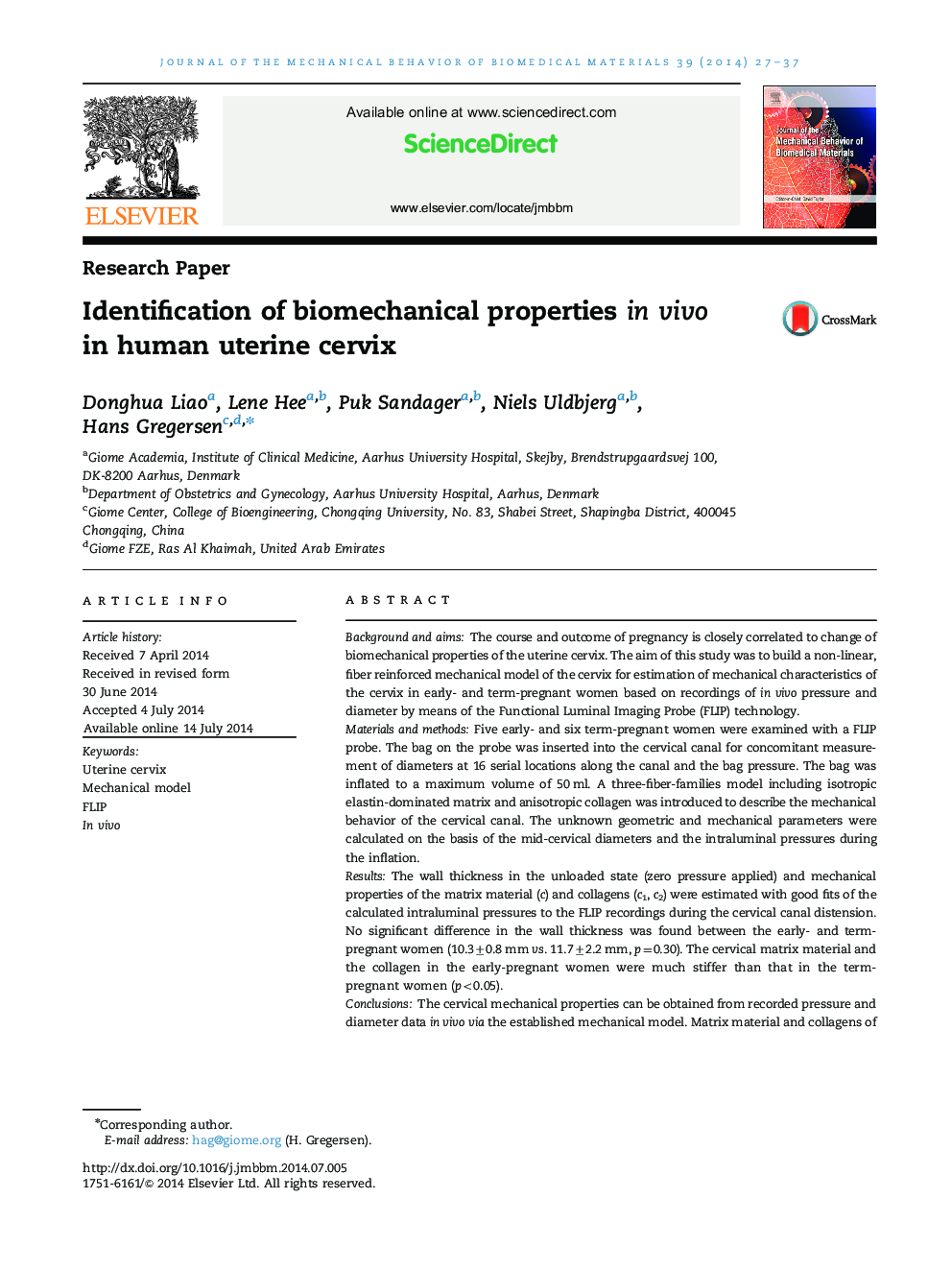 Identification of biomechanical properties in vivo in human uterine cervix