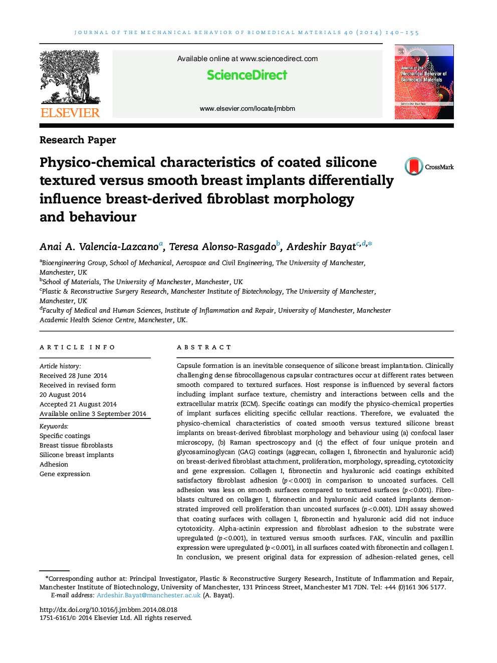 Physico-chemical characteristics of coated silicone textured versus smooth breast implants differentially influence breast-derived fibroblast morphology and behaviour