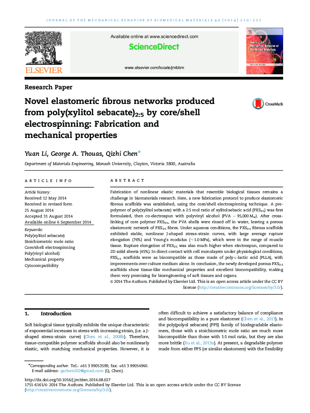 Novel elastomeric fibrous networks produced from poly(xylitol sebacate)2:5 by core/shell electrospinning: Fabrication and mechanical properties