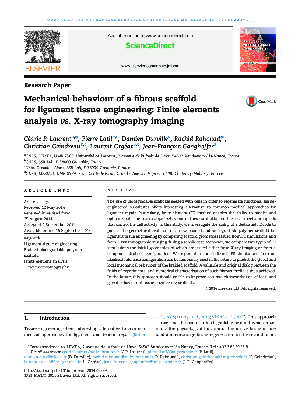 Mechanical behaviour of a fibrous scaffold for ligament tissue engineering: Finite elements analysis vs. X-ray tomography imaging