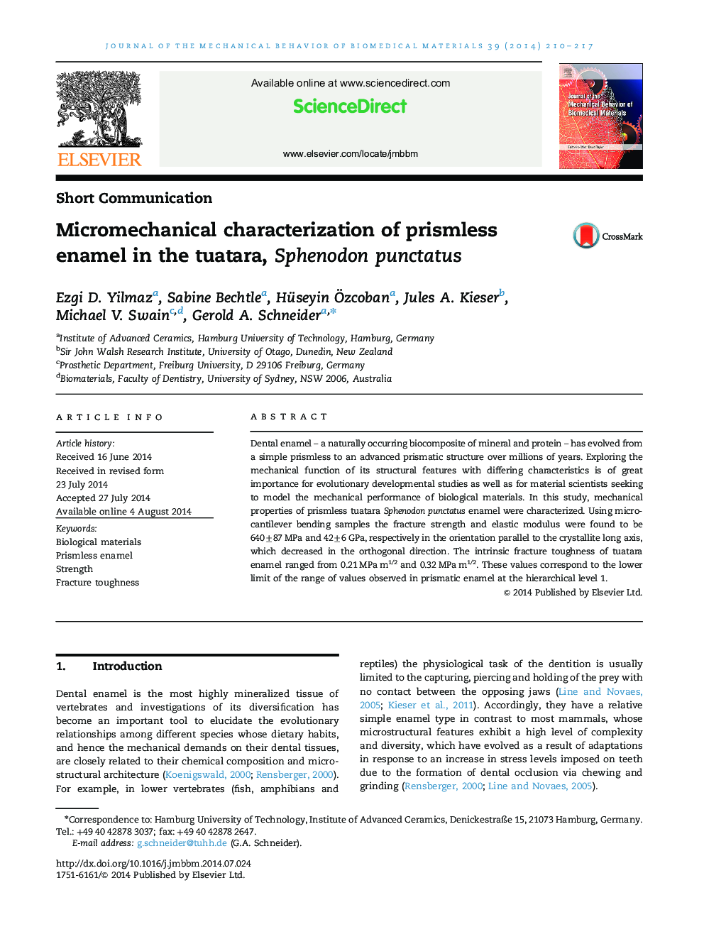 Micromechanical characterization of prismless enamel in the tuatara, Sphenodon punctatus