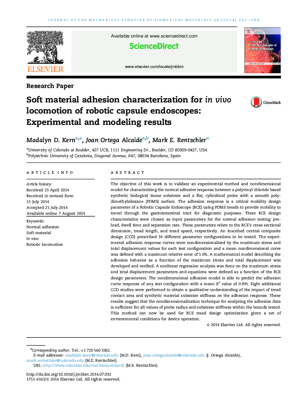 Soft material adhesion characterization for in vivo locomotion of robotic capsule endoscopes: Experimental and modeling results