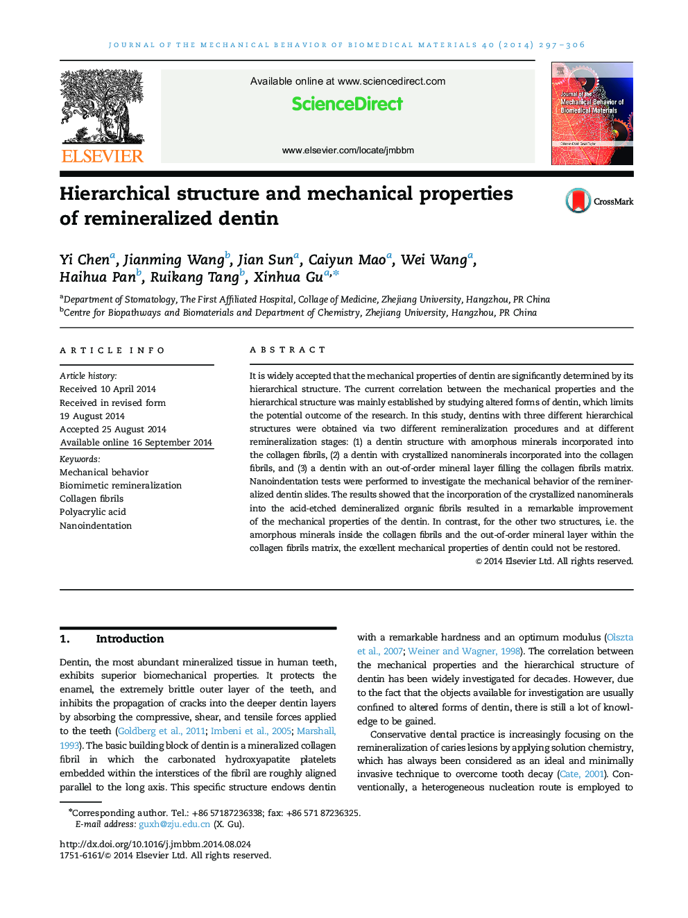 Hierarchical structure and mechanical properties of remineralized dentin