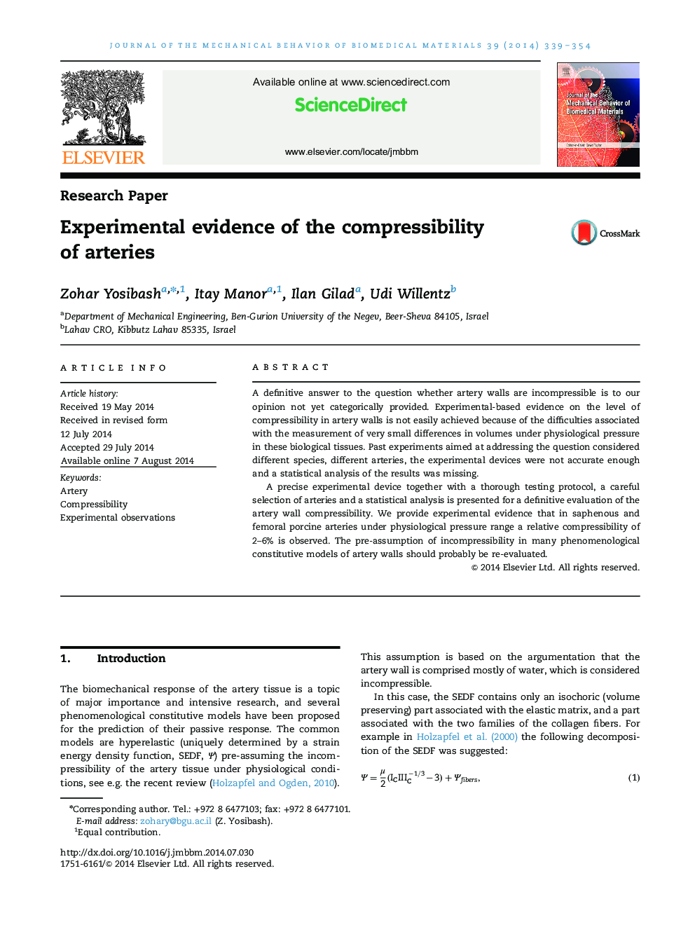 Experimental evidence of the compressibility of arteries