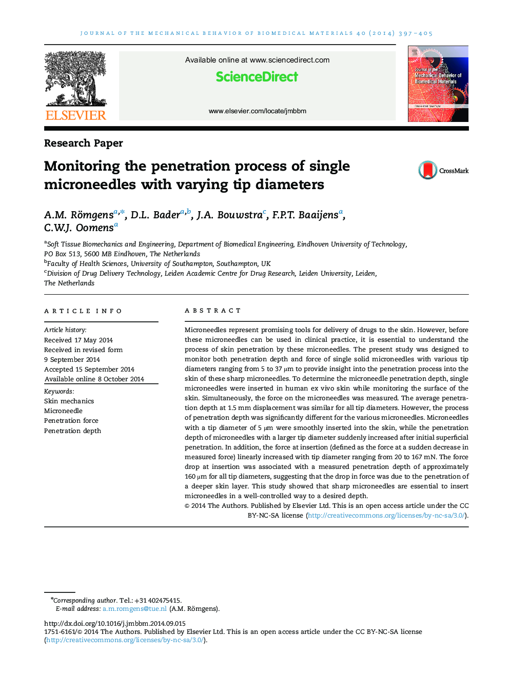 Monitoring the penetration process of single microneedles with varying tip diameters