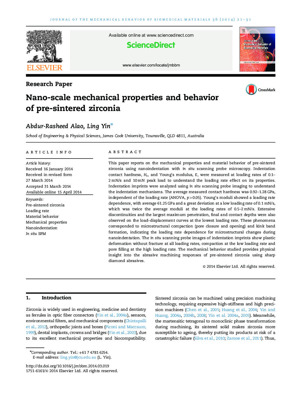 Nano-scale mechanical properties and behavior of pre-sintered zirconia
