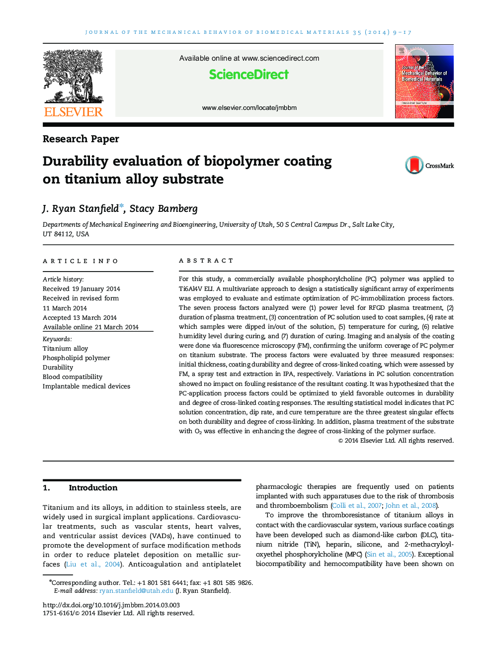 Durability evaluation of biopolymer coating on titanium alloy substrate