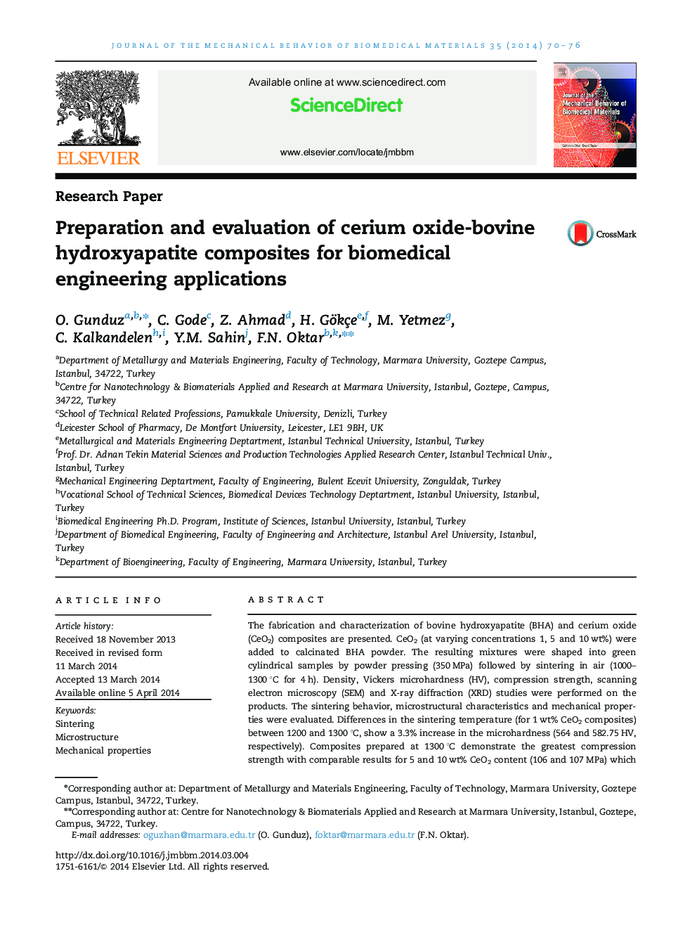 تهیه و ارزیابی کامپوزیت هیدروکسی آپاتیت اکسید سریم برای برنامه های کاربردی مهندسی پزشکی 