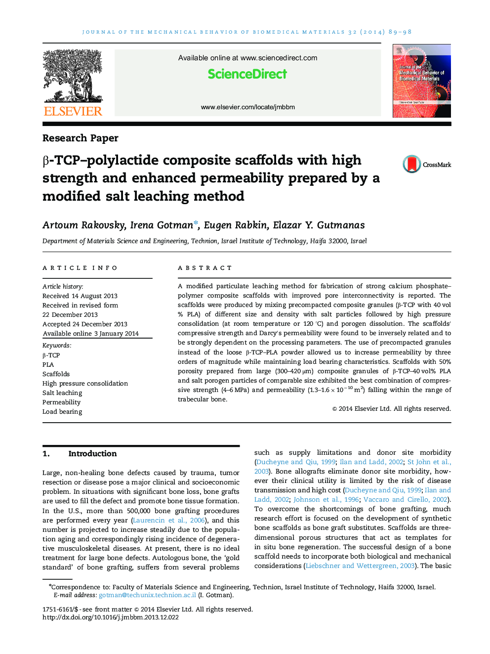 Î²-TCP-polylactide composite scaffolds with high strength and enhanced permeability prepared by a modified salt leaching method