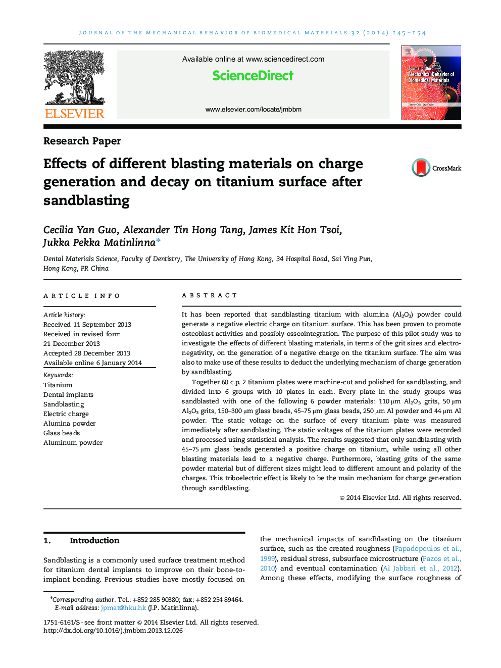 Effects of different blasting materials on charge generation and decay on titanium surface after sandblasting