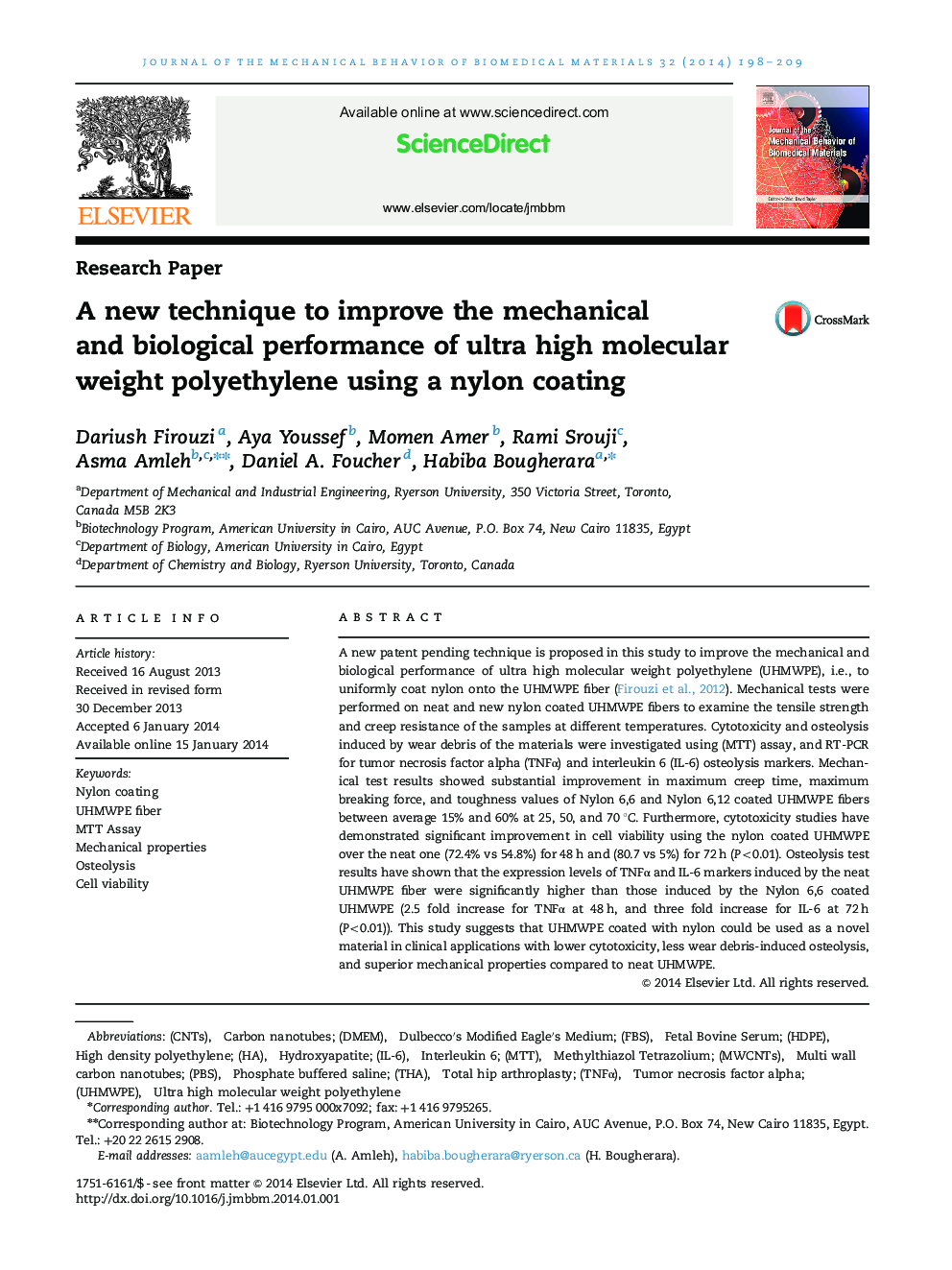 A new technique to improve the mechanical and biological performance of ultra high molecular weight polyethylene using a nylon coating