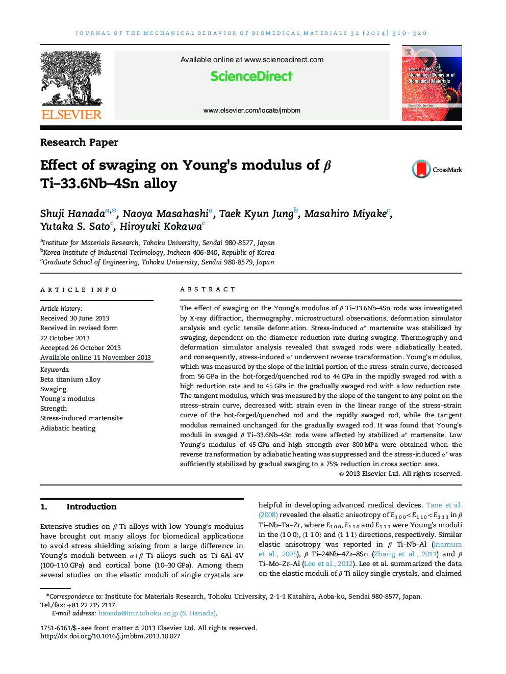 Effect of swaging on Young×³s modulus of Î² Ti-33.6Nb-4Sn alloy