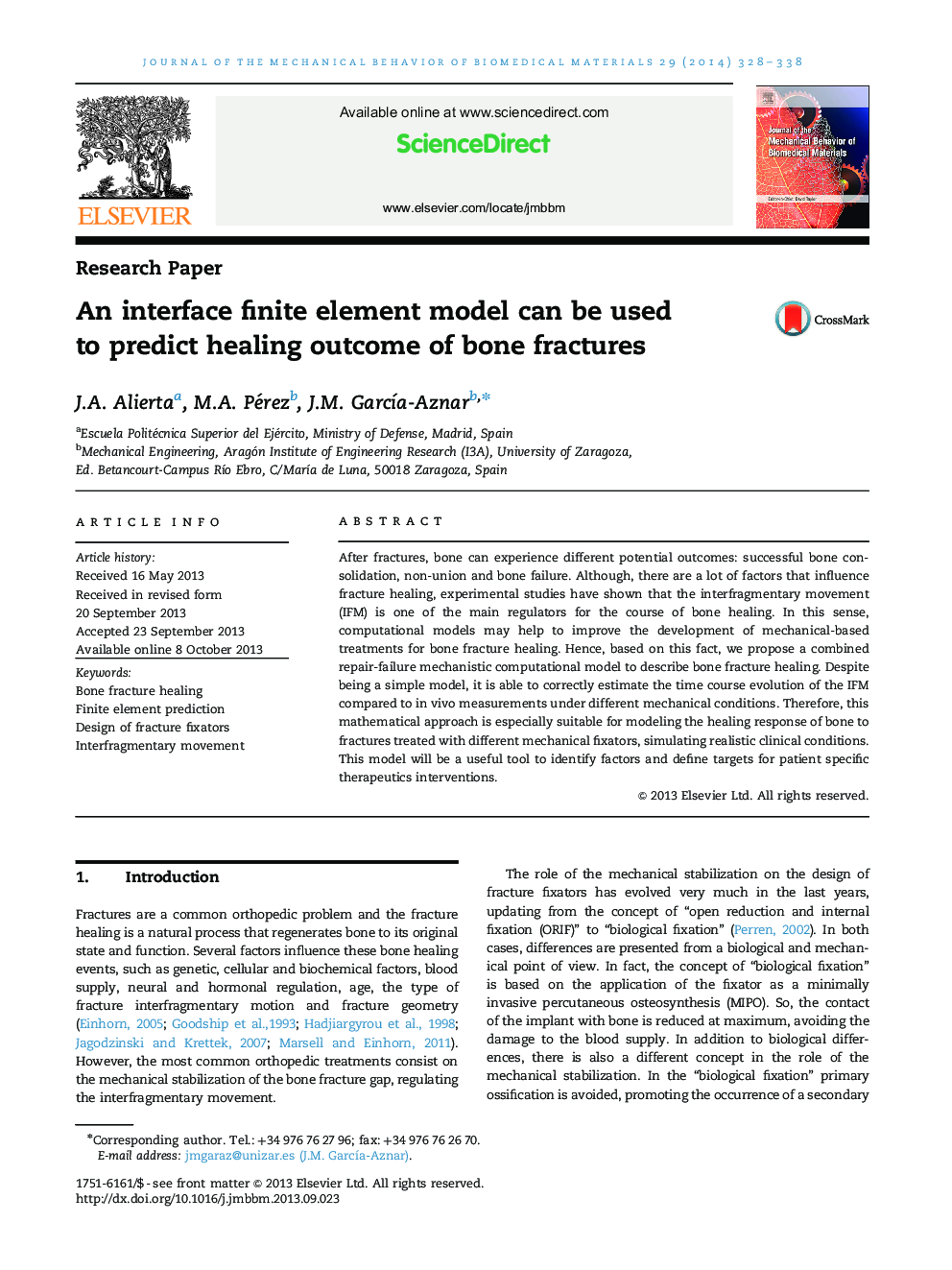 An interface finite element model can be used to predict healing outcome of bone fractures