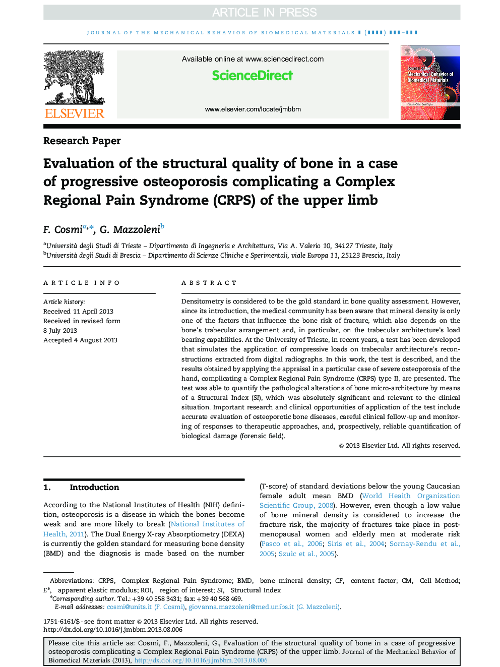 Evaluation of the structural quality of bone in a case of progressive osteoporosis complicating a Complex Regional Pain Syndrome (CRPS) of the upper limb