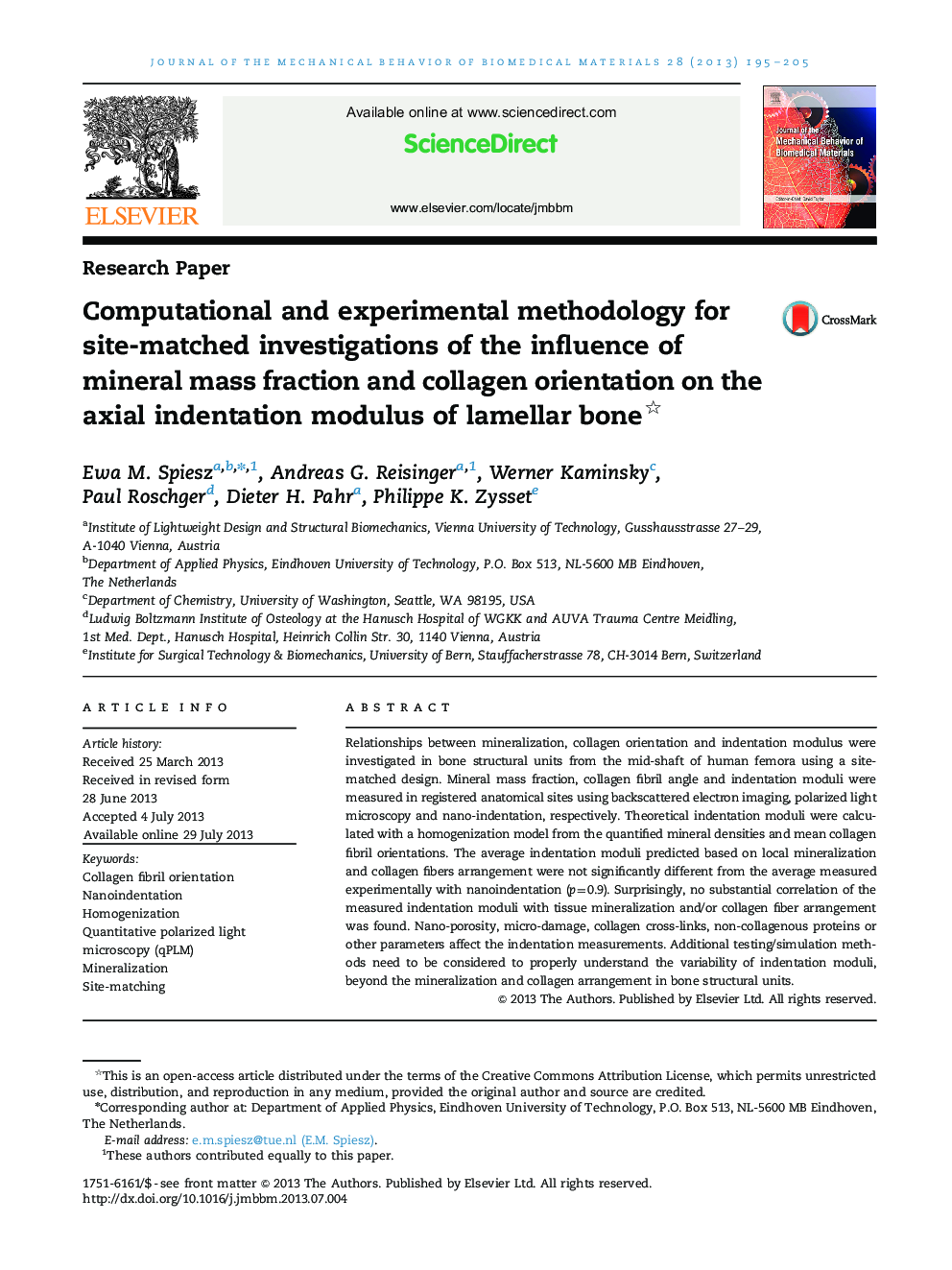 Computational and experimental methodology for site-matched investigations of the influence of mineral mass fraction and collagen orientation on the axial indentation modulus of lamellar bone