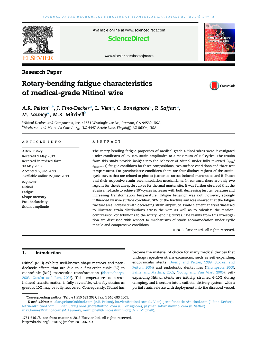 Rotary-bending fatigue characteristics of medical-grade Nitinol wire