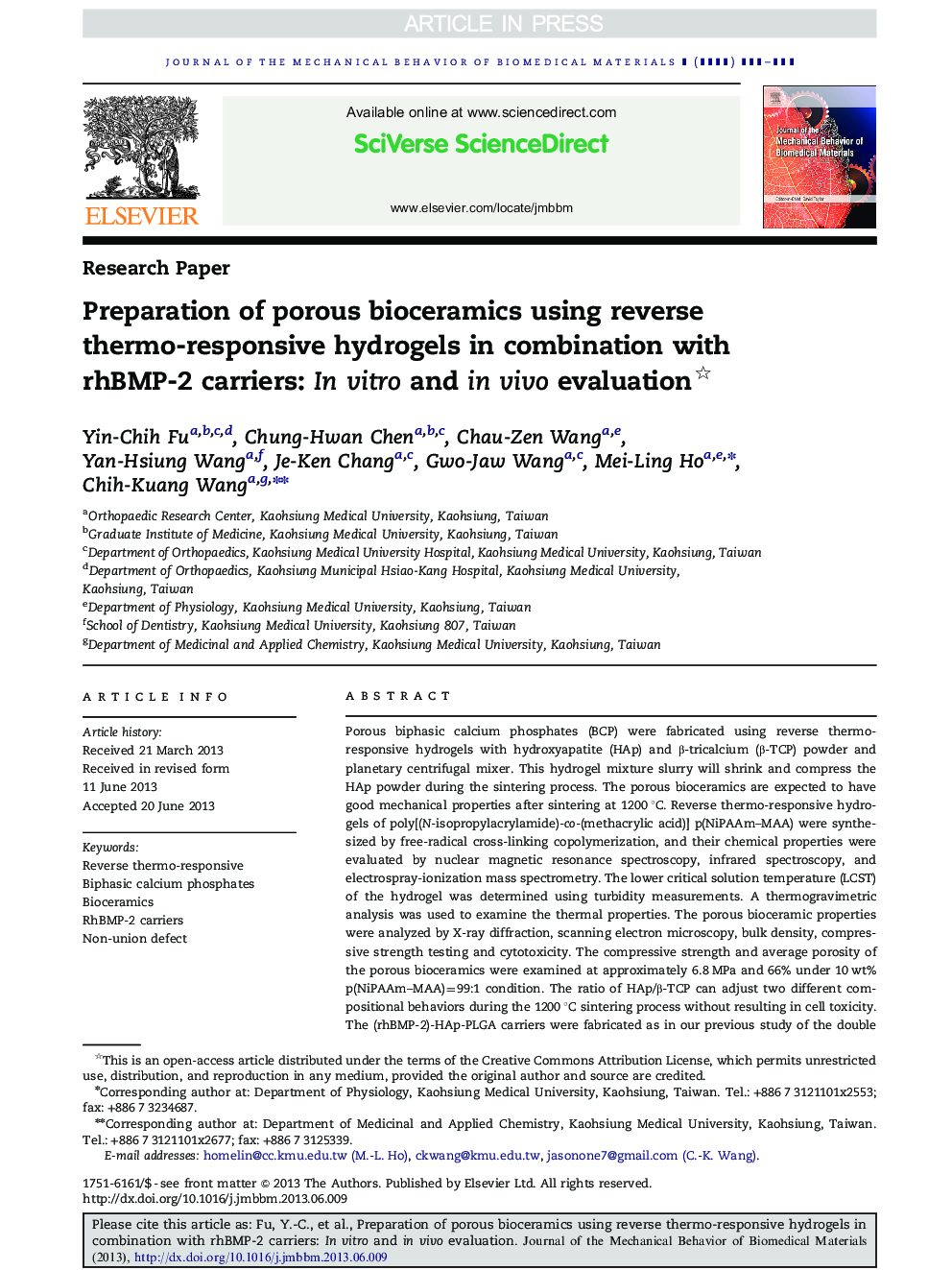 Preparation of porous bioceramics using reverse thermo-responsive hydrogels in combination with rhBMP-2 carriers: In vitro and in vivo evaluation