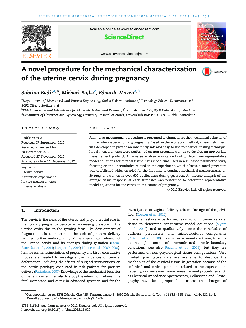 A novel procedure for the mechanical characterization of the uterine cervix during pregnancy