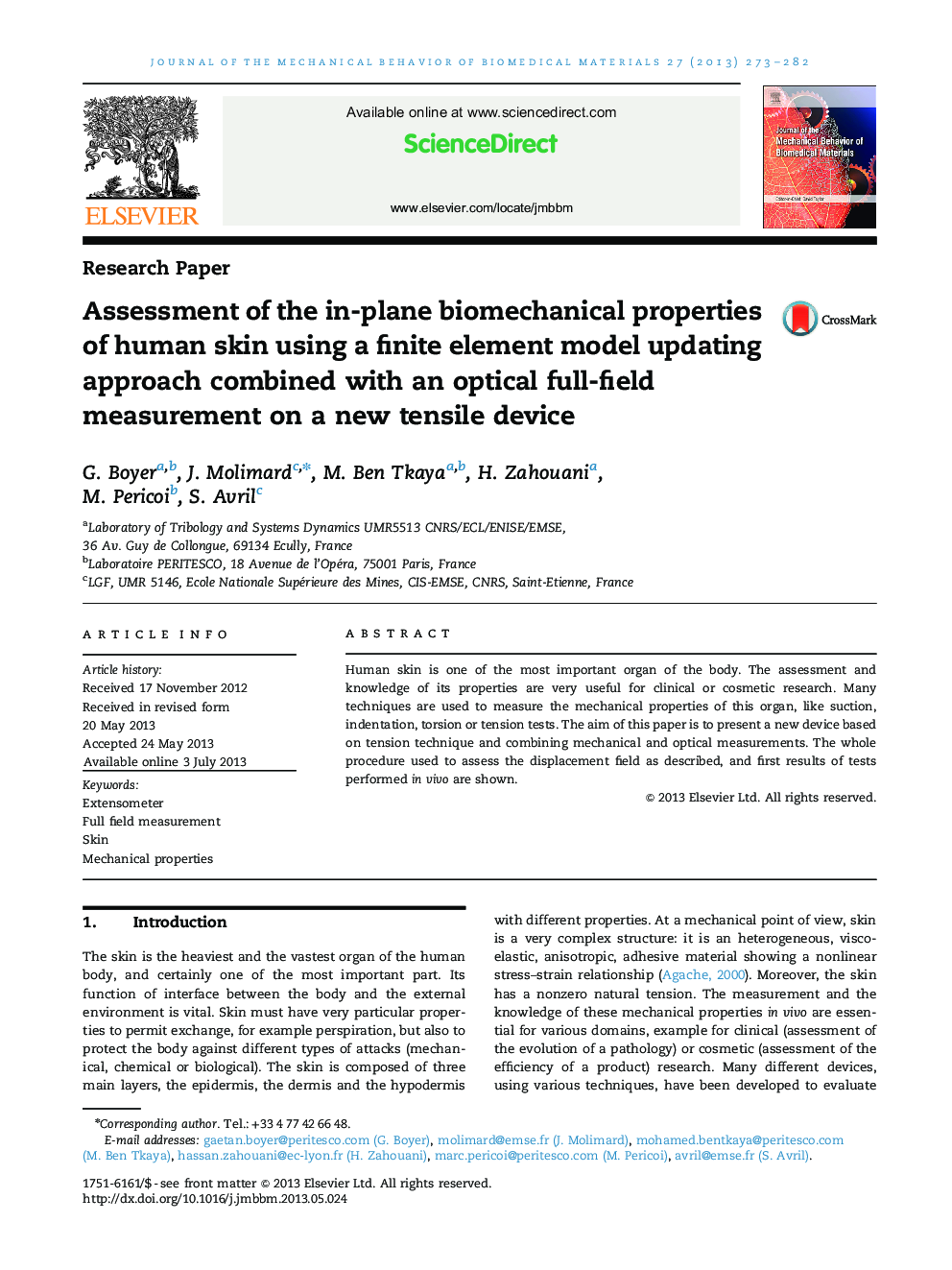 Assessment of the in-plane biomechanical properties of human skin using a finite element model updating approach combined with an optical full-field measurement on a new tensile device