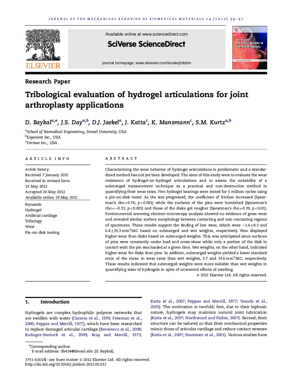 Tribological evaluation of hydrogel articulations for joint arthroplasty applications