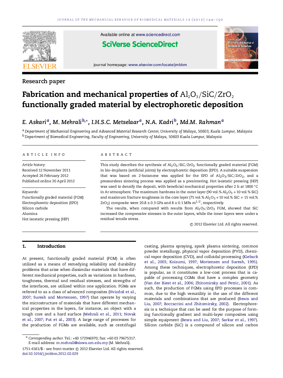 Fabrication and mechanical properties of Al2O3/SiC/ZrO2 functionally graded material by electrophoretic deposition