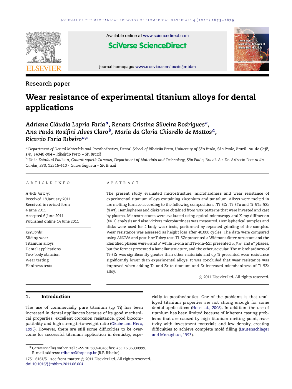 Wear resistance of experimental titanium alloys for dental applications