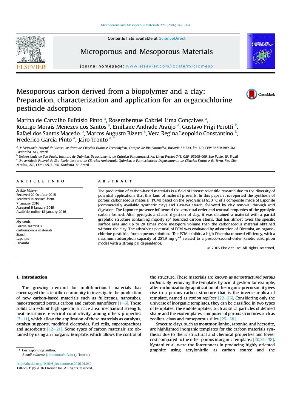 Mesoporous carbon derived from a biopolymer and a clay: Preparation, characterization and application for an organochlorine pesticide adsorption