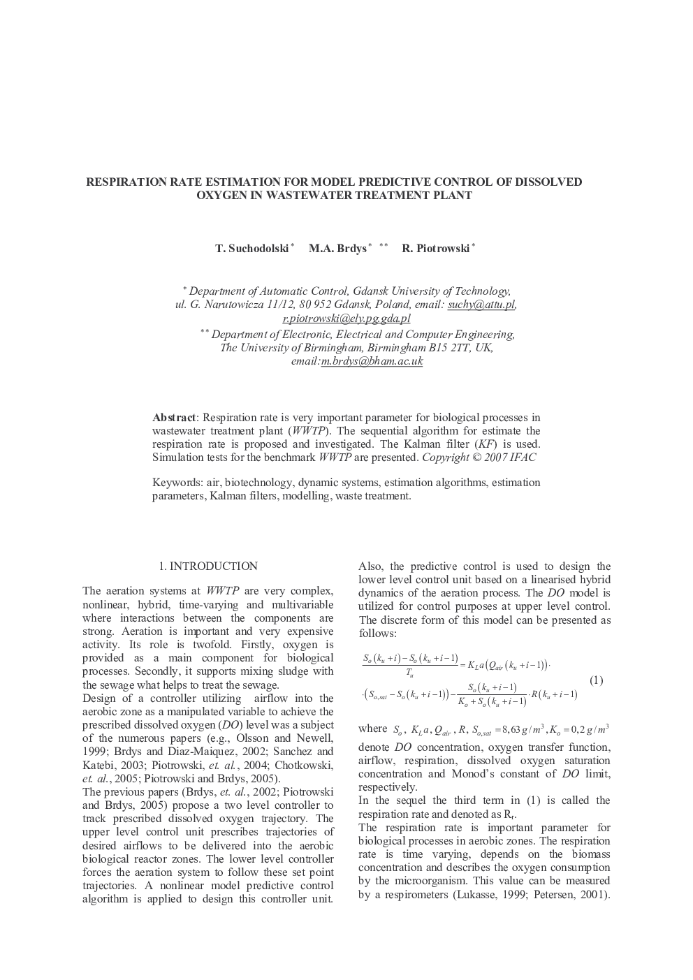 RESPIRATION RATE ESTIMATION FOR MODEL PREDICTIVE CONTROL OF DISSOLVED OXYGEN IN WASTEWATER TREATMENT PLANT