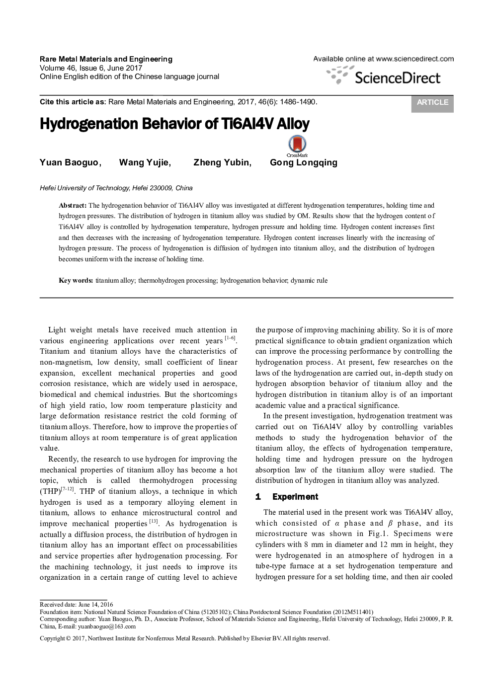 Hydrogenation Behavior of Ti6Al4V Alloy