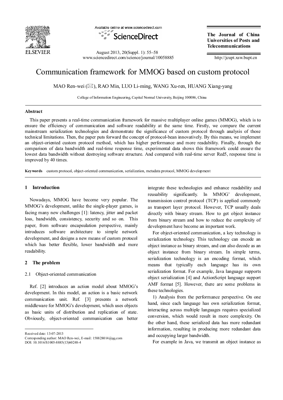 Communication framework for MMOG based on custom protocol