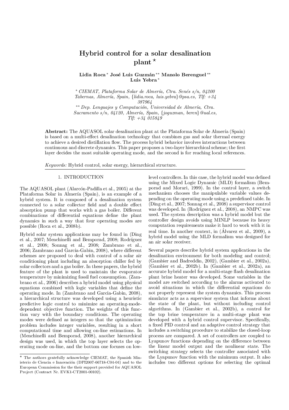 Hybrid control for a solar desalination plant 