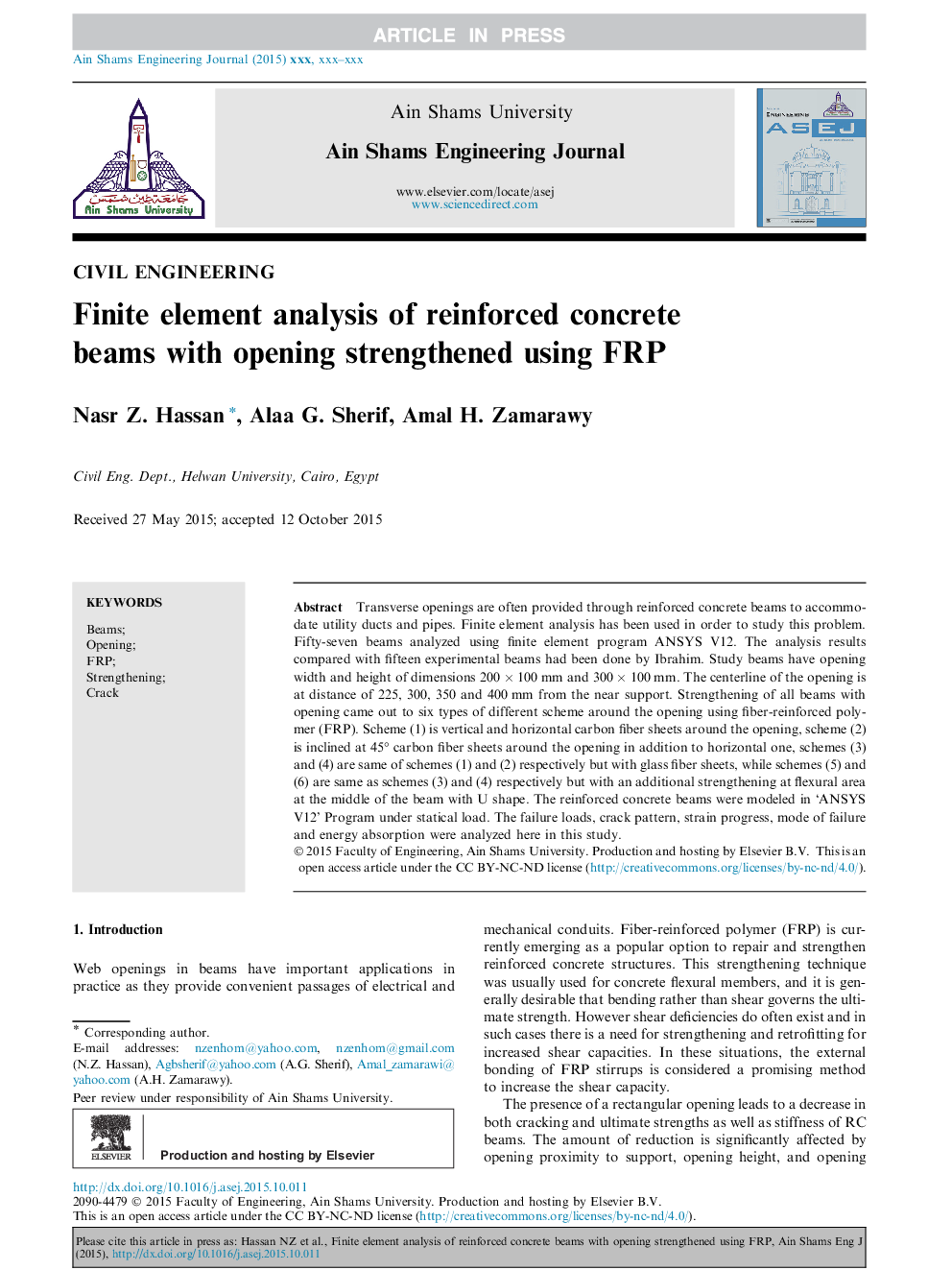 Finite element analysis of reinforced concrete beams with opening strengthened using FRP