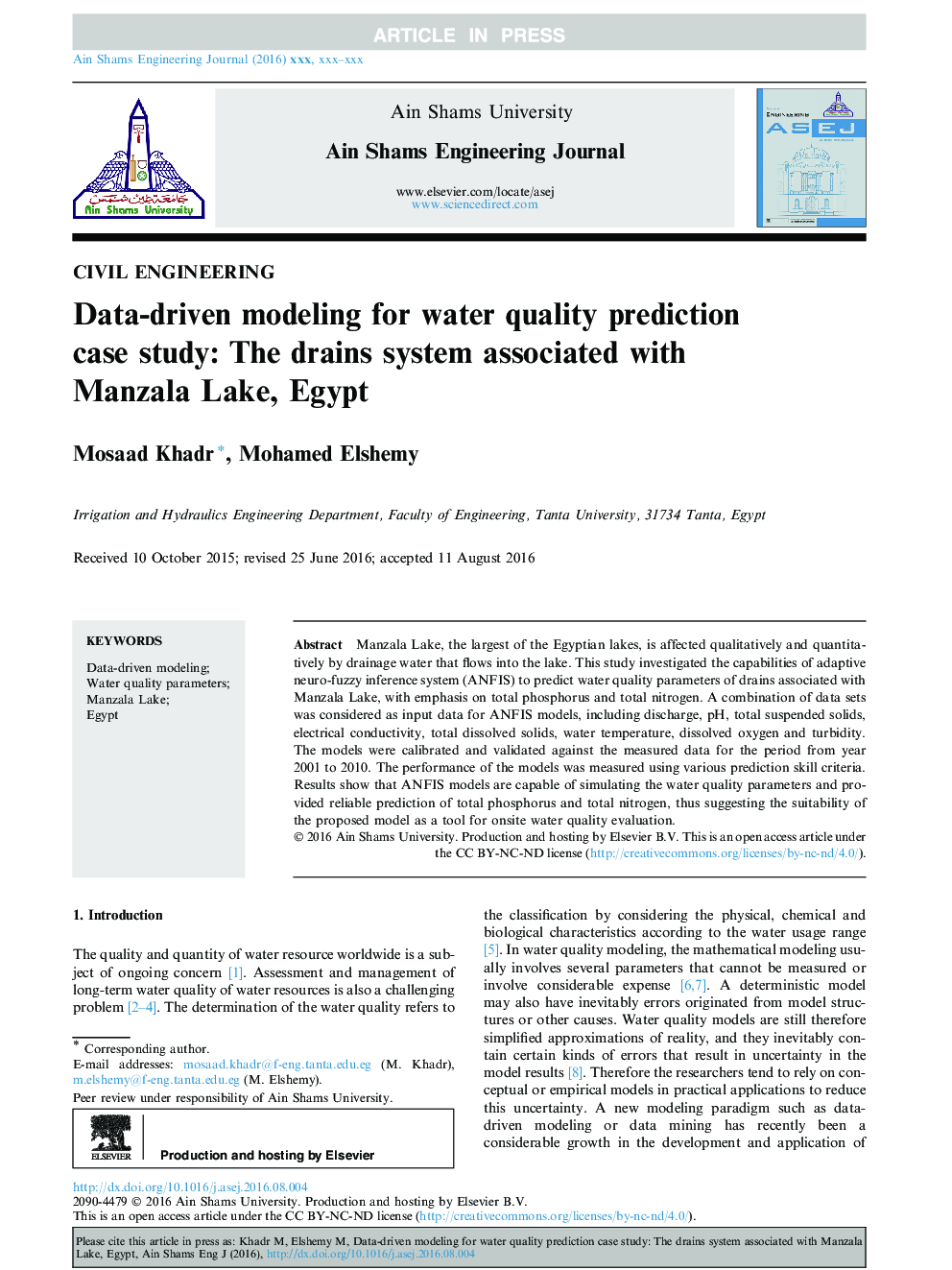 Data-driven modeling for water quality prediction case study: The drains system associated with Manzala Lake, Egypt