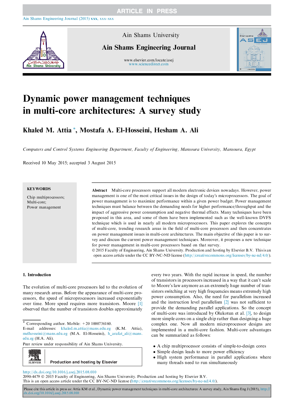 Dynamic power management techniques in multi-core architectures: A survey study