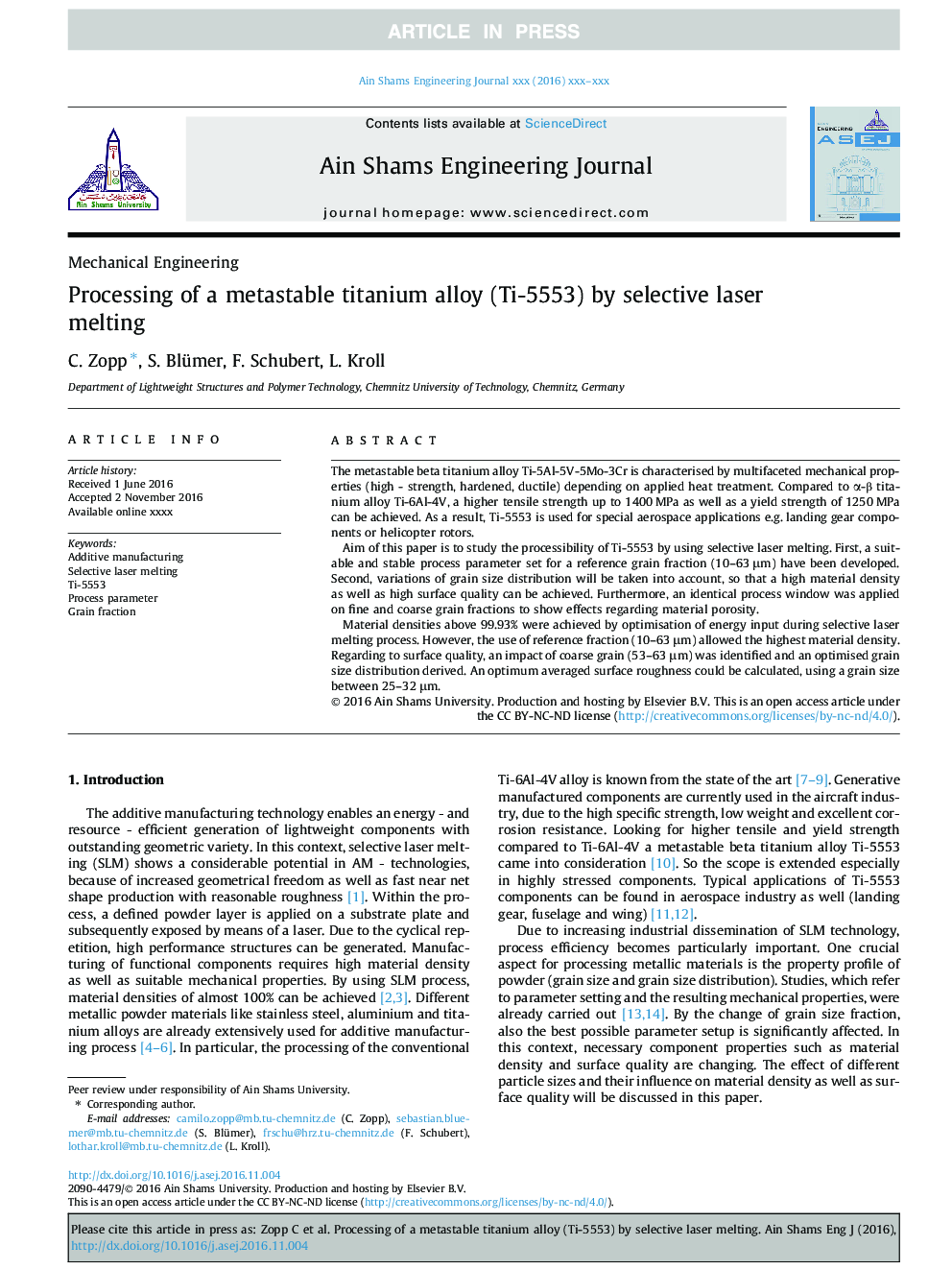 Processing of a metastable titanium alloy (Ti-5553) by selective laser melting