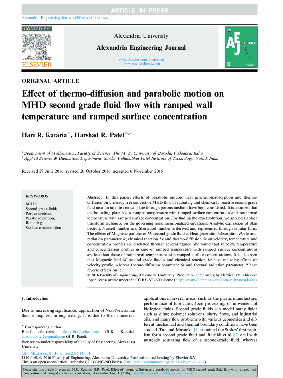 Effect of thermo-diffusion and parabolic motion on MHD second grade fluid flow with ramped wall temperature and ramped surface concentration