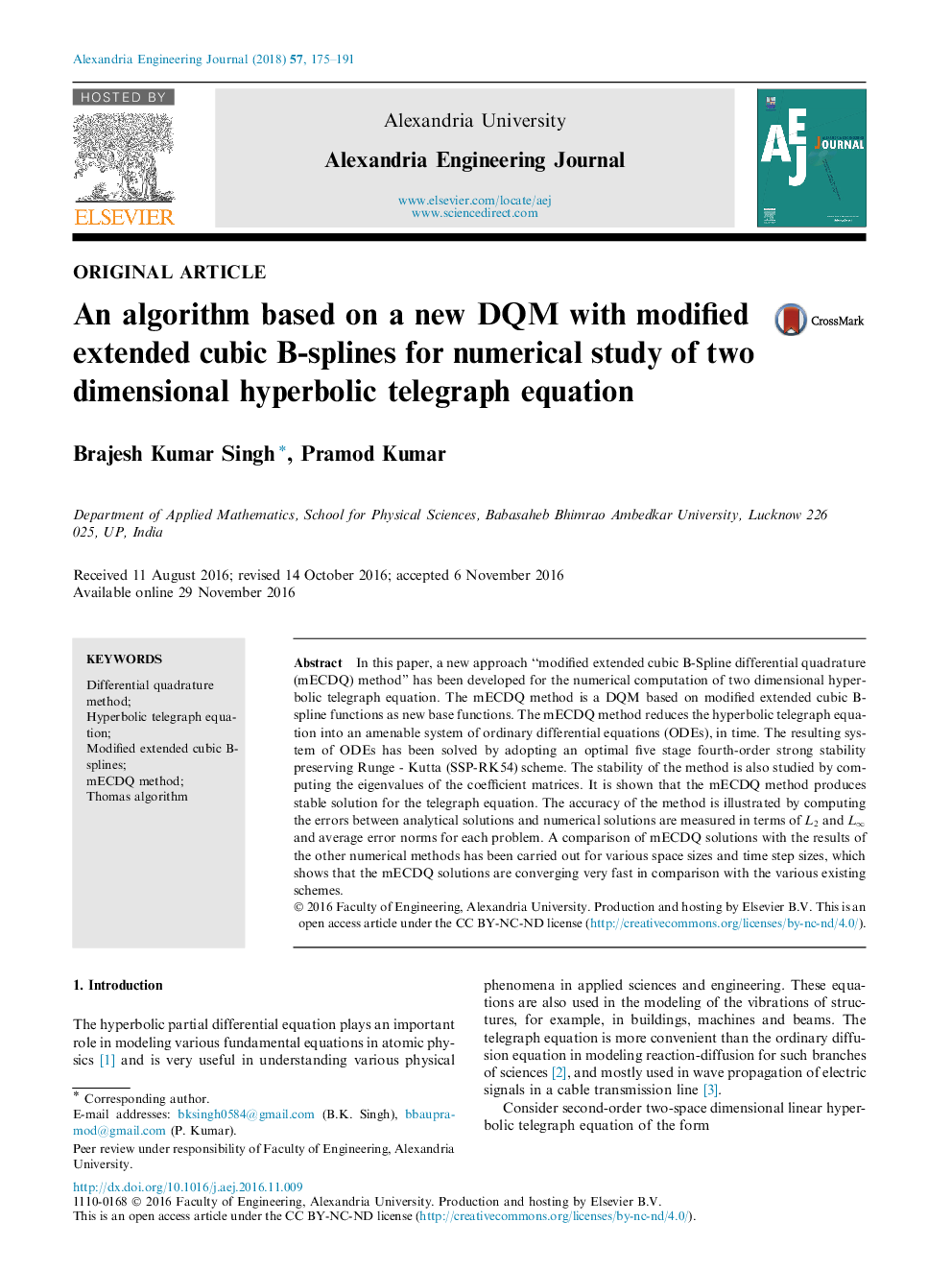 An algorithm based on a new DQM with modified extended cubic B-splines for numerical study of two dimensional hyperbolic telegraph equation