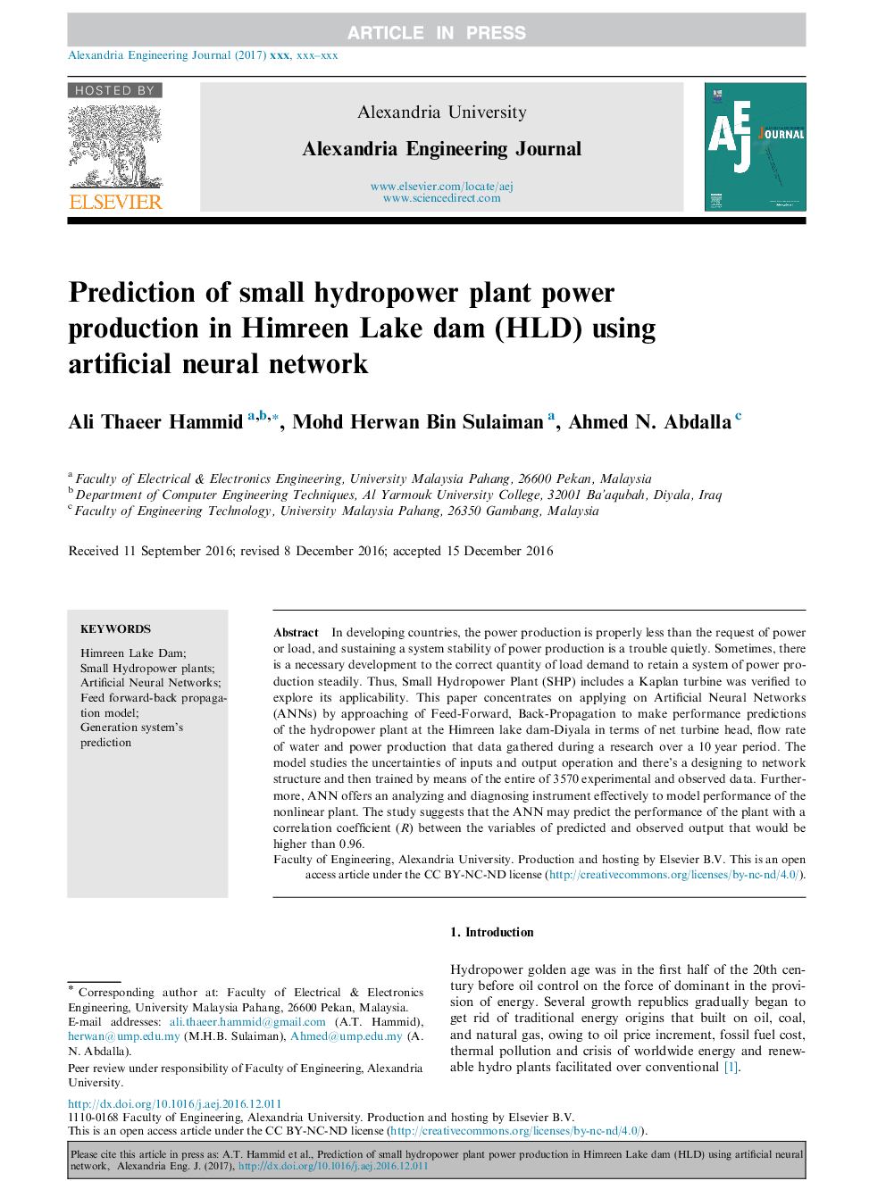 Prediction of small hydropower plant power production in Himreen Lake dam (HLD) using artificial neural network