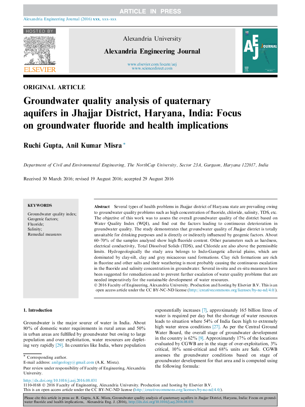 Groundwater quality analysis of quaternary aquifers in Jhajjar District, Haryana, India: Focus on groundwater fluoride and health implications