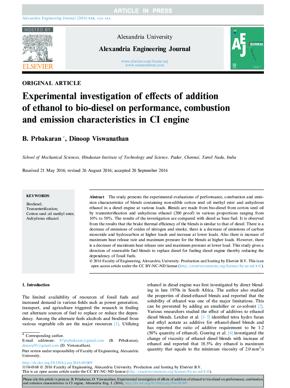 Experimental investigation of effects of addition of ethanol to bio-diesel on performance, combustion and emission characteristics in CI engine